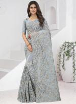 Georgette Grey Wedding Wear Embroidery Work Saree